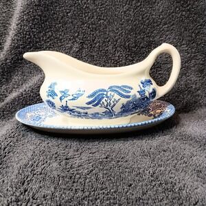 Vintage English Ironstone Tableware Old Willow Gravy Boat‎ mismatched plate NB